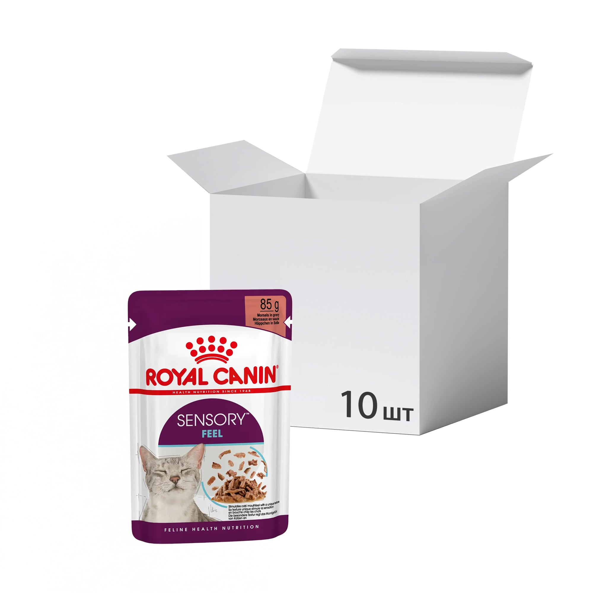 Упаковка вологого корму для дорослих котів Royal Canin Sensory Feel шматочки в соусі, стимулює відчуття корму, 85 г * 10 шт
